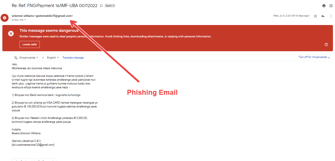 Sample phishing email