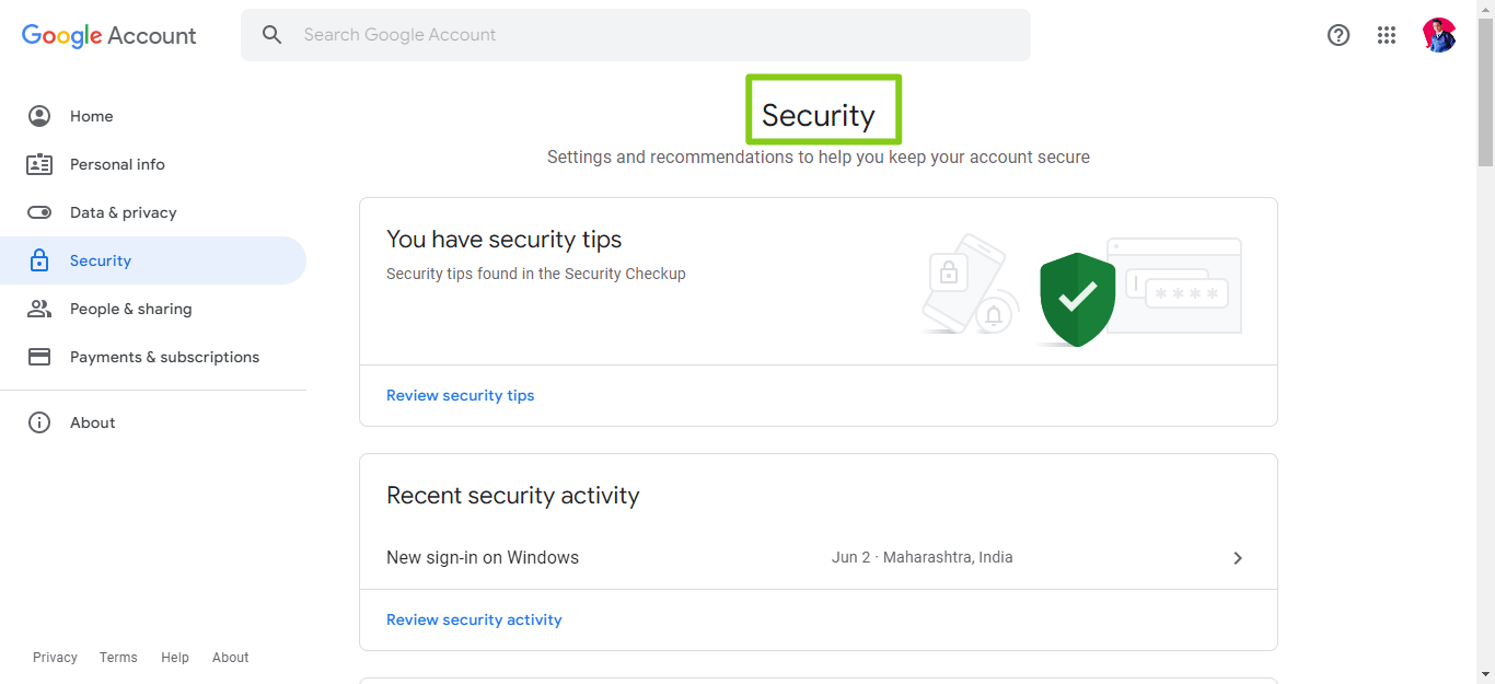 Google account security checkup