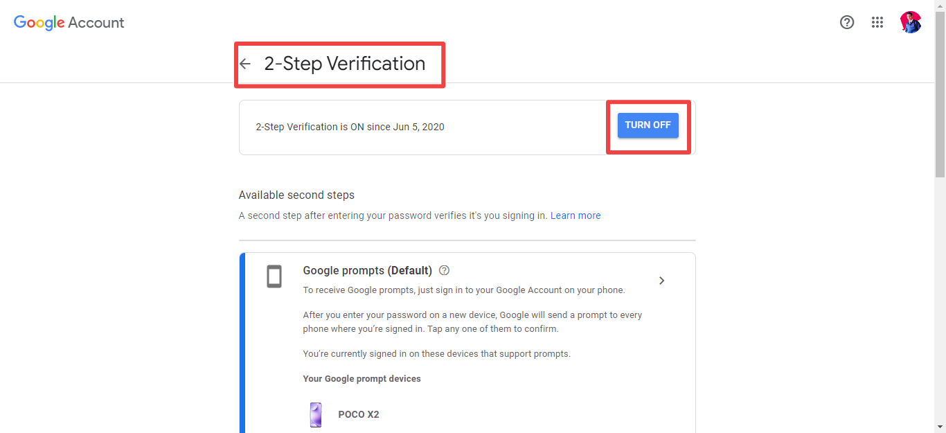 two factor authentication of google account