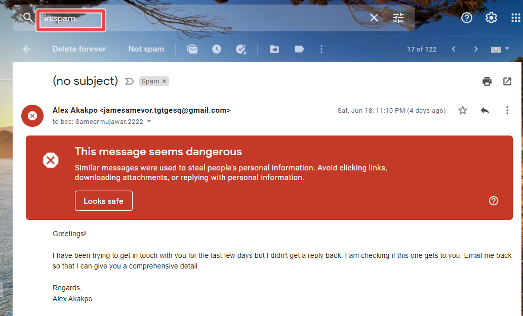 Phishing attack via email