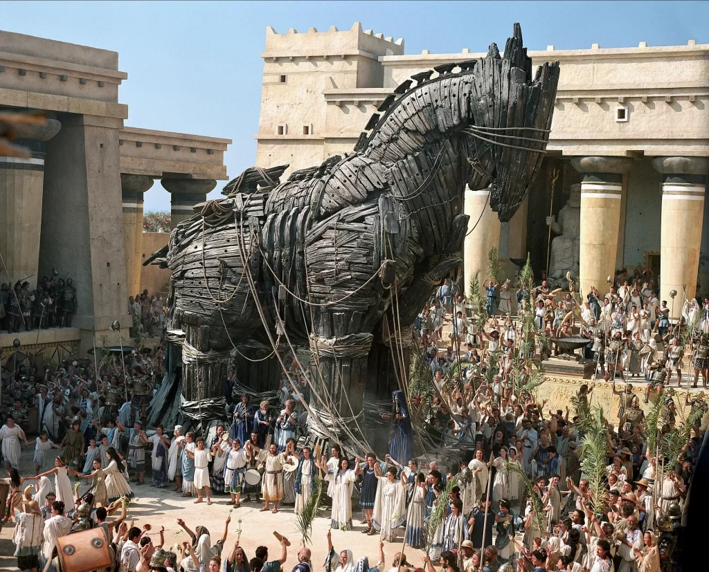 Greek warriors hid inside an old wooden horse to gain access to Troy